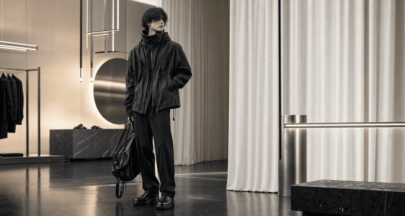 FODBERLIN campaign - technical black outfit in a curtain-lined showroom